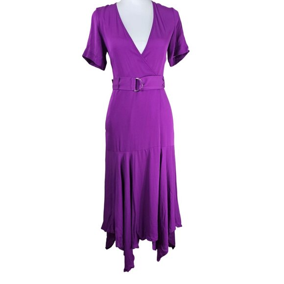 A.L.C. Claire Handkerchief Hem Silk Wrap Dress Sz 0 Purple Fuchsia Belted Waist - Picture 1 of 16